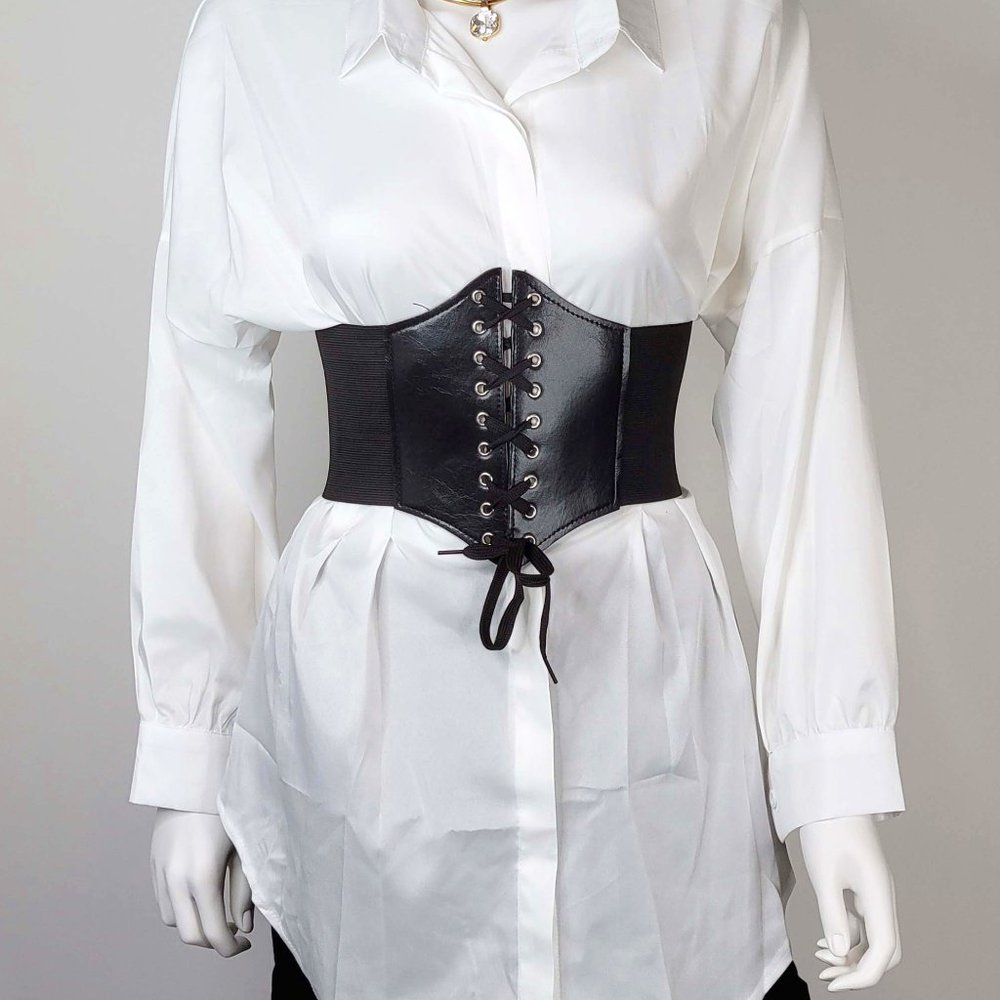 Black Faux Leather Lace Up Corset Belt